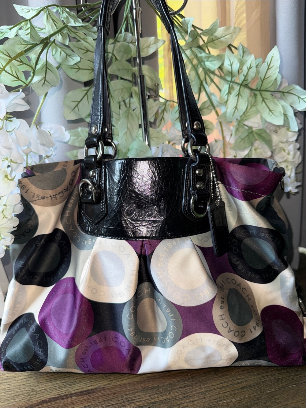 Coach 1941 Multi-Color Circle Print Shoulder Tote with Black Patent Trim